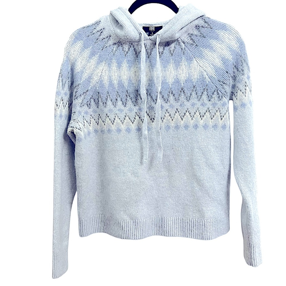 FRYE WOMENS HOODED LONG SLEEVE FAIR ISLE PRINT BABY BLUE SWEATER SIZE SMALL